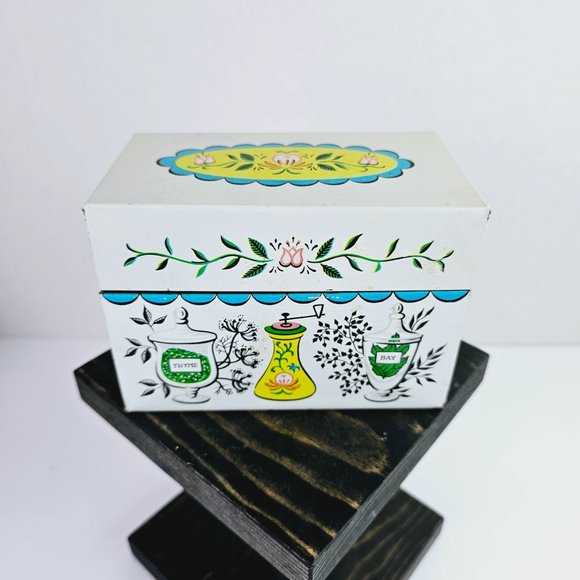 Vtg J. Chen Co. 70s Recipe Tin Hinged Box with (48) Notecard Plastic Covers, EVC - Picture 1 of 11